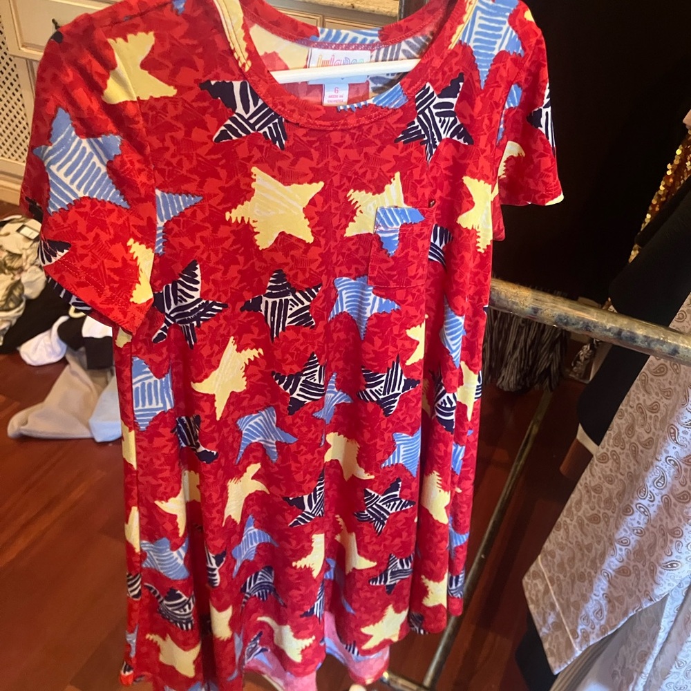 LuLaRoe Red Dress with Blue and Yellow Accents
